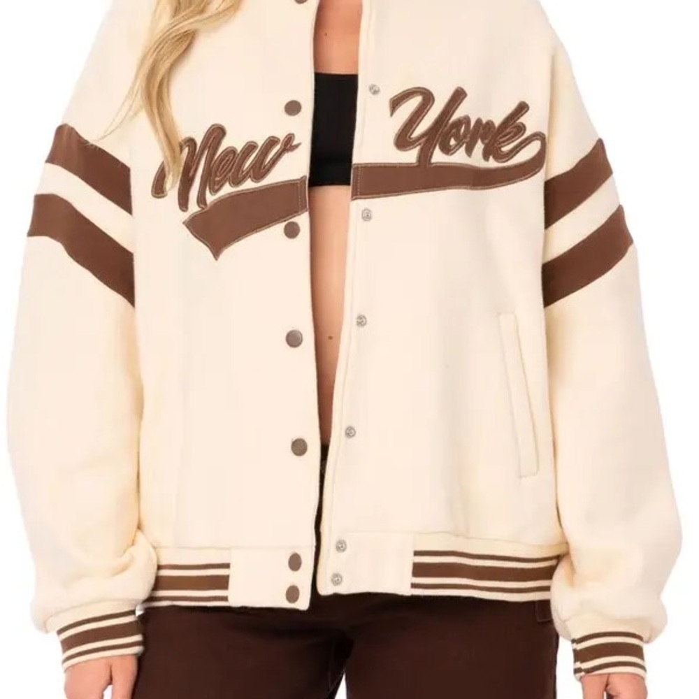 Edikted New York Cream and Brown Varsity Jacket